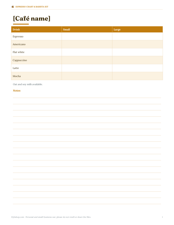 Preview of Printable Café Menu Chart